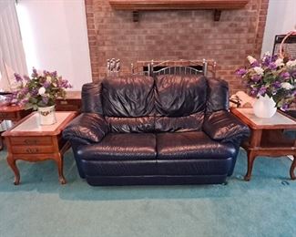 Leather Love Seat with 2 tier Marble slab end tables 