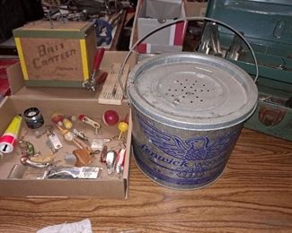Vintage Fishing lures and accessories, Vintage Bait Canteen and Vintage Fenwick metal minnow bucket