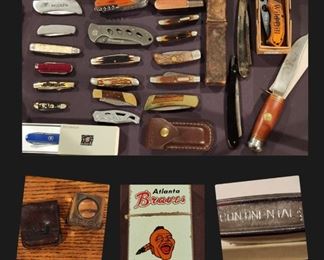 Pocket knives, straight razors, hunting knives, Geigy brass"linen tester", vintage Continental brand Atlanta Braves lighter.