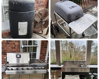Large Grill Sol Outdoor kitchen includes 3 piece commercial stainless steel sink with custom built base, high end Weber-Stephen Grill w/ rotisserie and 2 burners, a smoker AND an original MCM PK (portable kitchen) cast aluminum charcoal grill purchased with green stamps in 1960's in Anderson SC.