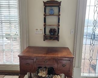 Chinoiserie Style Asian Wall Shelving. Pair available. 3 drawer antique table/desk/vanity. Great piece as is or nice size for converting to sink vanity.