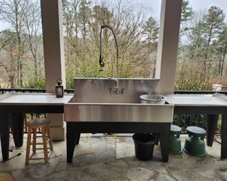 Commercial 3 piece Indoor/Outdoor Sink. That's 2 Outdoor Bose Speakers underneath on the right. Also available but not pictured is a large taxidermy Rattlesnake in a display case with brass "complaint department" sign. Feel free to inquire about pre-purchase as we have employees and shoppers that want him gone!