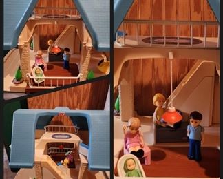Little Tikes 1990s blue roof dollhouse. Includes: Dad, mom, big sister, twins, toy box, baby swing, chair, baby seat & vacuum cleaner. Stair/closet assembly is intact. Very good vintage condition. $100