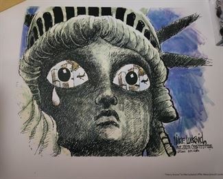 3 like new in original mailing tube $15 each. 1 framed in fair condition $10.  
"When the terrorists crashed two commercial airliners into the Twin Towers on Sept. 11, 2001, Mike Luckovich, the editorial cartoonist for The Atlanta Journal-Constitution, was at home with his family watching the coverage before going to work.
Luckovich produced a cartoon for the next day’s paper that drew a strong popular response from readers. It depicted a weeping Statue of Liberty, with the reflection of the Twin Towers in her eyes."