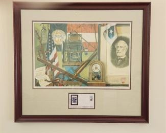 $100 Jon Toorchen – "Bicentennial Commemorative Print of Georgia," also called the "Courthouse Museum in Cleveland." The stamp proof is original with seal - stamped resolution from the Georgia legislature makes this an unusual item. Description information in bottom part of mat reads: Design by Jon Toorchen, F.S.T.D., proposed by Governor Joe Frank Harris, with support by the unanimous vote of the Georgia Lesislature. Acceptace for the design was actively pursude by Georgia's Congressional Delegation as well as Southern leaders. It was rejected by the Postmaster General because "it would be in poor taste to celebrate Georgia's joining the Union with a stamp that alludes to its subsequet secession from that Union."