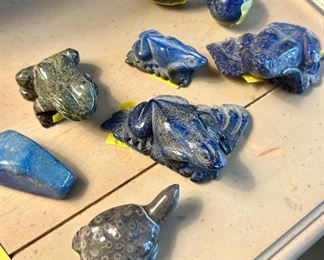 Lapis Lazuli Carved Frogs and Eggs and Serpentine Turtle