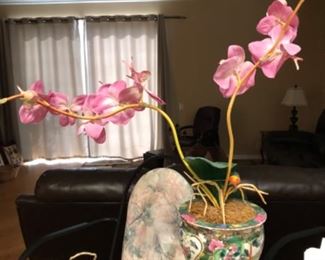 Asian pot and silk orchid $22