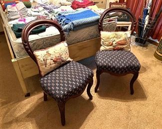 Pair of Wood & Fabric Chairs (one has a repair In the wood) 