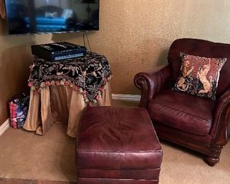 Leather chair and ottoman, TV and tables