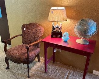 Small vintage desk, upholstery chair, orient lamp