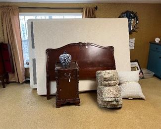 Queen bed frame with mattress, full size vintage headboard with matching side table with glass top protector, bedding