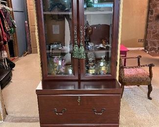 Cabinet with two file drawers and upper glass display