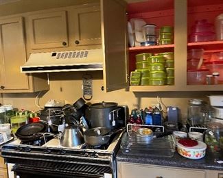 Stove, vent a hood, cabinets and lots of pots and pans great for starter kitchens