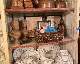Monk bookends, copper pots, antique string art, 