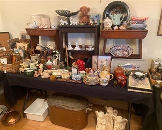 Antique copper pot, Victorian brides basket, Asian collection, art, prints , little side tables. 