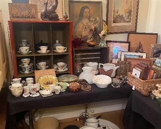 Old enamelware collection, teacup collection, religious icon art. This & that!! Bits & Pieces!!