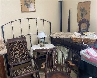 Most of this furniture came from Boston - it’s truly old & still in excellent condition. The full size cast iron/metal headboard, footboard & rails are recent pieces, adult & childs rocking chair , hand painted lamp, gingerbread clock. 
