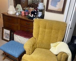 Big yellow comfy chair, dresser and mirror has a matching chest of drawers, poodle portrait done in pastels, rocking foot rest 