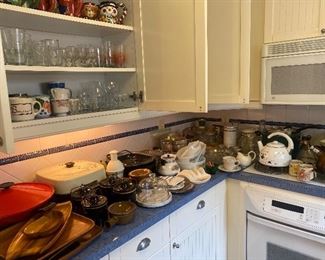 Kitchen- wok, electric skillet, wood serving pieces, crocks, canisters, glasses, mugs, tea pots