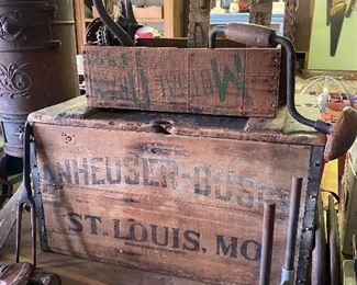 Anheuser Busch wooden box and an old tool caddy
