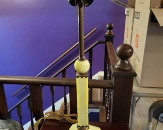 Vintage table lamp with vaseline glass accents and dual bulb sockets