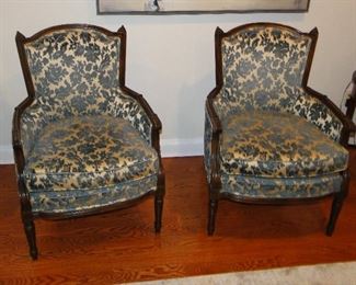 Pair blue flocked chairs $300