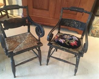 2 ANTIQUE BLACK PAINTED ARM CHAIRS