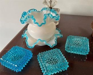 Fenton vase and Fenton Hobnail salt cellars