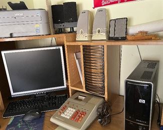 Computer, monitor, speakers, vintage calculator,
