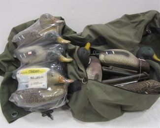 RUBBER DUCK DECOYS, TWO CANVAS DUFFLE BAGS, FOUR ARE NEW IN PACKAGE. MADE IN ITALY