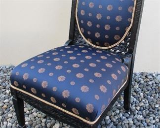 AESTHETICS JAPANNED BLACK CHAIR WITH METAL CASTORS. NEWER UPHOLSTERY, SEAT REPLACED