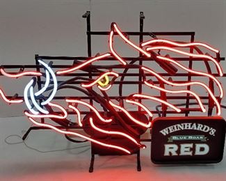FALLON NEON WEINHARD'S BLUE BOAR RED ELECTRIC SIGN. WORKS, RUNS QUIET, 28" WIDE X 19" TALL. PLUG HAS BEEN CUT OFF