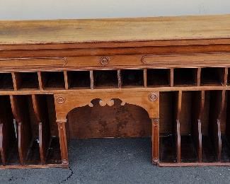 ANTIQUE COMMERCIAL WOOD HOTEL ORGANIZER SHELF. 7'3" LONG