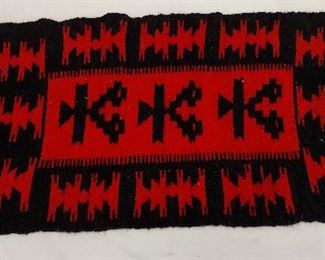 SMALL CHIMAYO MAT. 100% WOOL MULTICOLORED FRINGE. 36 X 18.5". FADED AREA ON ONE CORNER