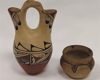 MARY T. MADALENA JEMEZ PUEBLO 6" TALL MARRIAGE VASE, AND AN WHEEL THROWN UNSIGNED POT