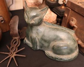 Antique decor, spurs, Victorian cat shaped boot scraper