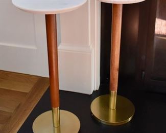 Two West Elm “Mid-Century” drink tables with marble tops