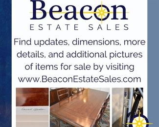 Find updates, dimensions, more details, and additional pictures by visiting BeaconEstateSales.com.
