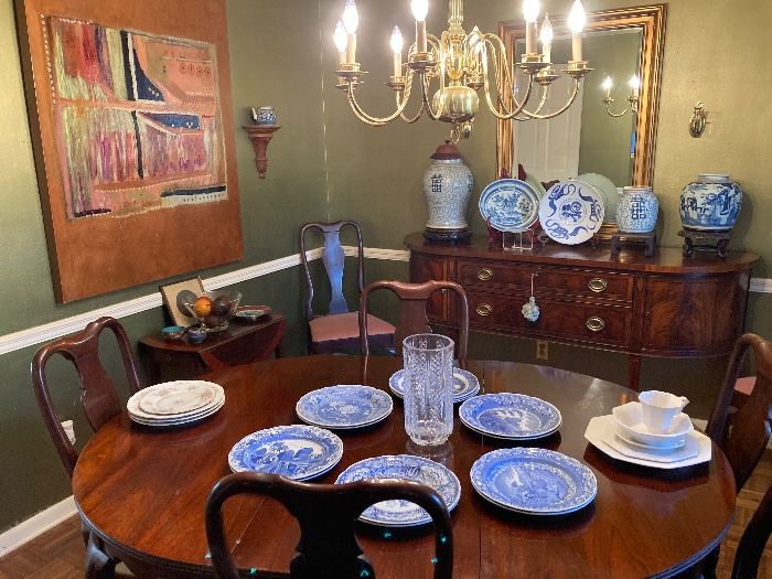 Waterford Vase  Spode blue Room plates  Hekman Buffett   Asian Temple Jars   Drop leaf side table
