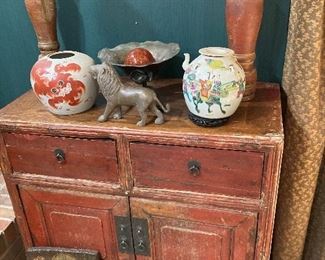 Distressed painted Asian chest  Dragon Jar  Candle sticks  Bronze lion