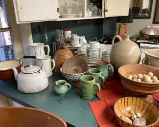 Pottery jug   porcelain tea kettle   corks  