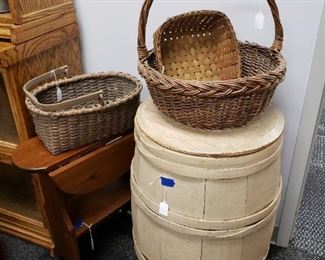 Old baskets, large wooden barrel