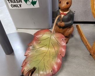 Carved wooden bunny with leaf cart