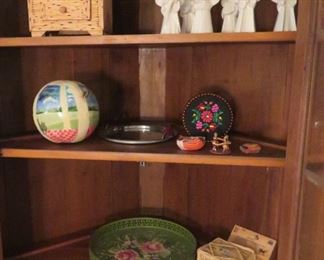 Tramp art box made of matchsticks, Dresden porcelain  angel choir, studio pottery and toleware tray