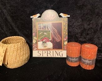 Handwoven Basket, Spring Sign, Arbor Ridge Pillar Candles