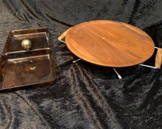 MCM Walnut Tray on Chrome Stand and Tortise Divided Tray