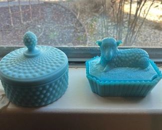 blue Westmoreland milk glass powder bowls lamb