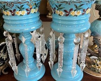 matching pair Victorian blue glass lustres, hand painted with crystals