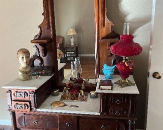 Walnut Eastlake Marble Top Dresser with Mirror