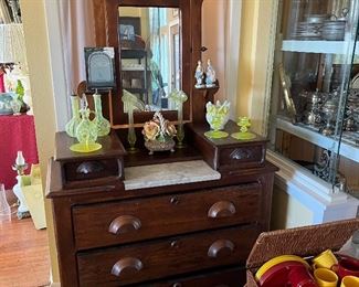 Walnut Eastlake dresser with mirror and marble top